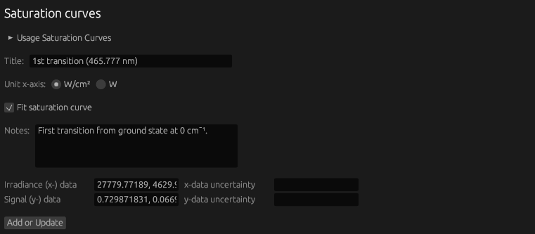 Saturation curves section in the submission mask