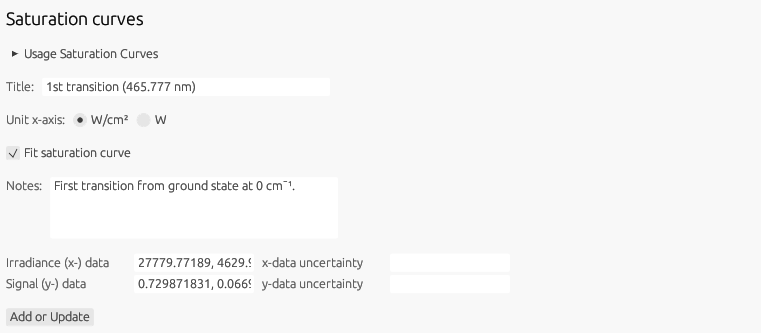 Saturation curves section in the submission mask